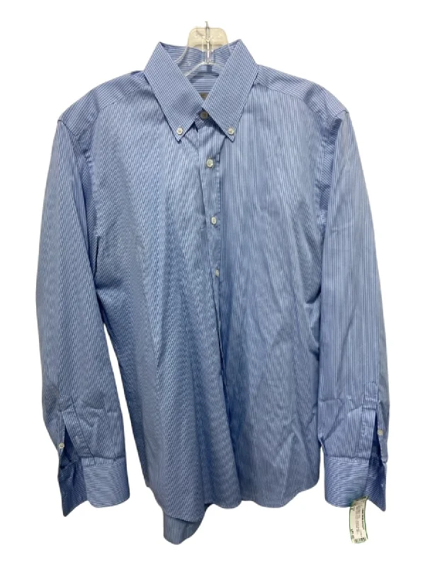 Canali Size M Blue & White Cotton Striped Button Collar Men's Long Sleeve Shirt