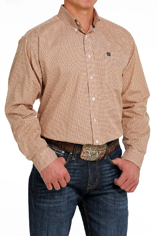 Knowledge And Elegance CINCH BROWN CREAM GEOMETRIC PRINT LONG SLEEVE SHIRT