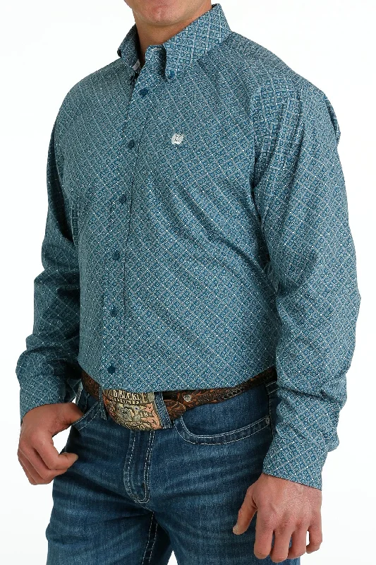 Perfect Tailoring CINCH TEAL GEOMETRIC PRINT LONG SLEEVE SHIRT SHIRT