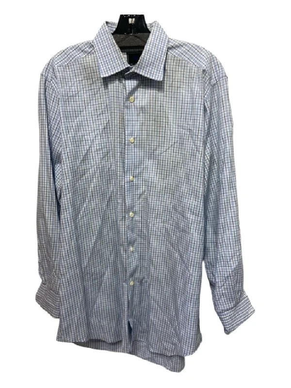 David Donahue Size 16.5 Blue & White Cotton Plaid Button Down Long Sleeve Shirt