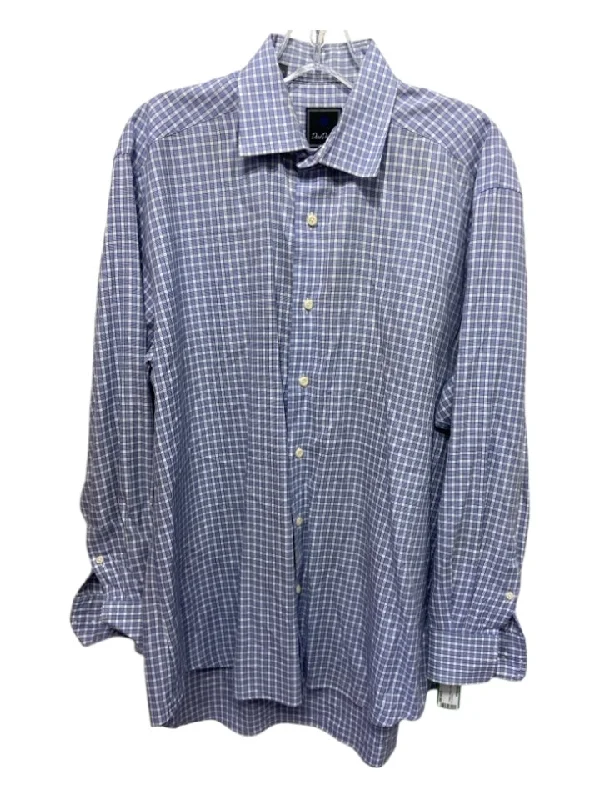 David Donahue Size 16.5 Blue & White Cotton Plaid Button Down Long Sleeve Shirt