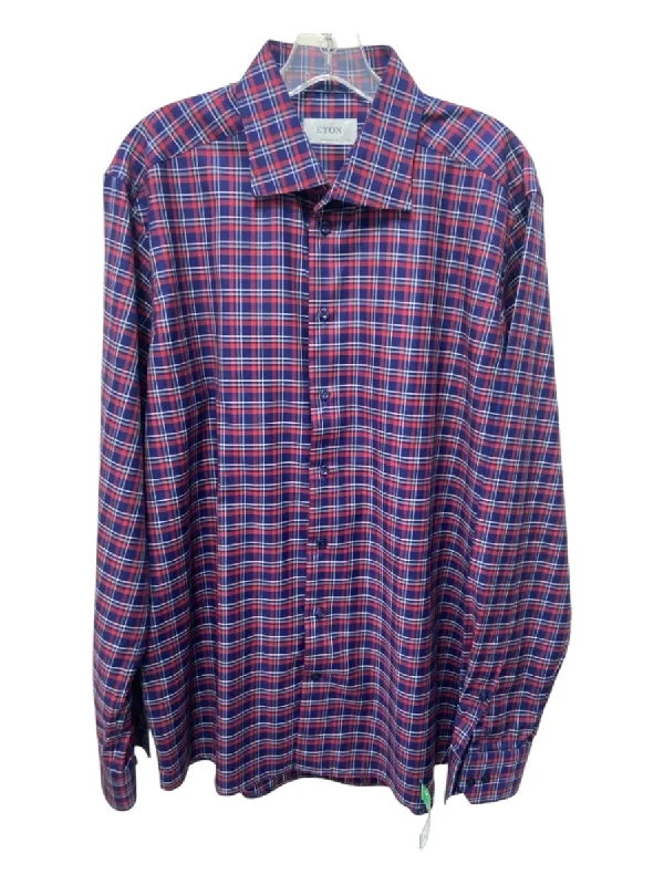 Eton Size 17.5 Red & Navy Cotton Plaid Spread Collar Men's Long Sleeve Shirt