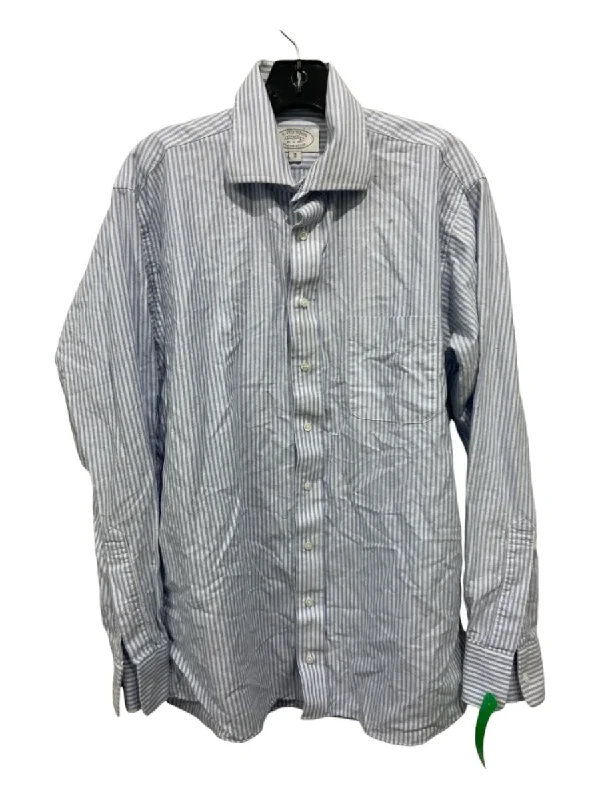 H Stockton Size 16 Blue & White Cotton Striped Button Down Long Sleeve Shirt