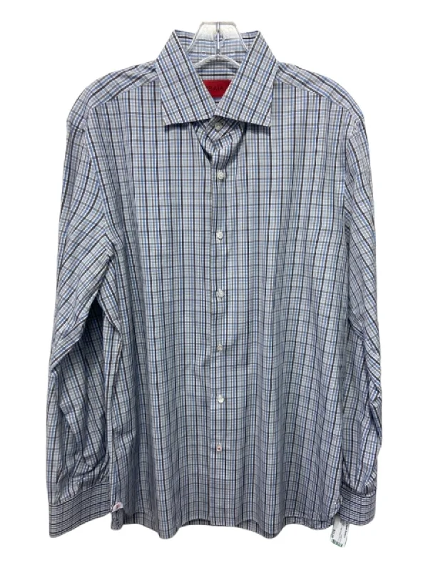 Isaia Size 16.5 Blue & Brown Cotton Plaid Button Down Men's Long Sleeve Shirt