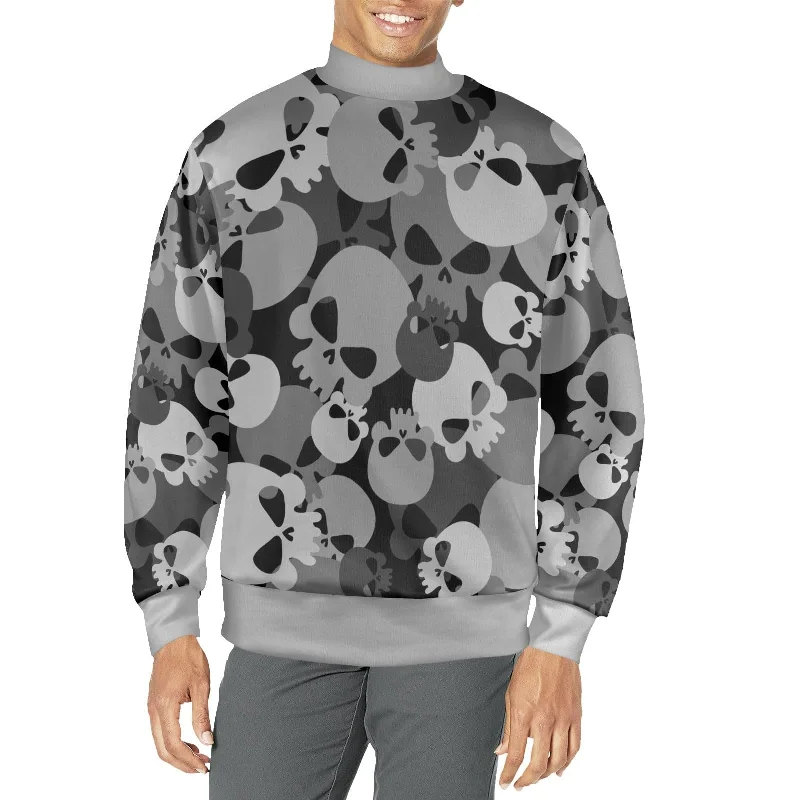 Men's Gray Skull Camo Mock Neck Long Sleeve Top