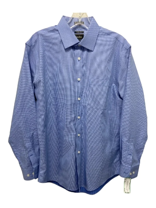 Neiman Marcus Size 15.5 Blue & White Cotton Grid Spread Collar Long Sleeve Shirt