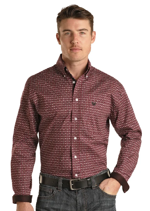 Casual And Casual PANHANDLE BURGUNDY GEO PRINT LONG SLEEVE SHIRT