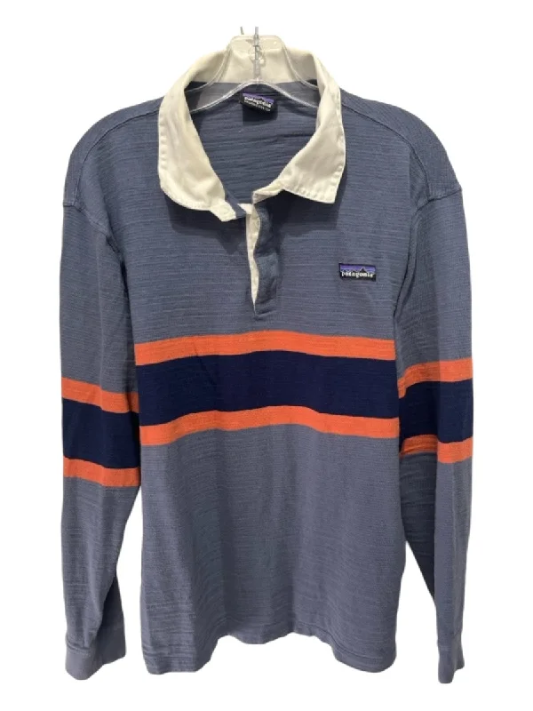 Patagonia Size L Blue & Orange Cotton Blend Striped Polo Men's Long Sleeve Shirt