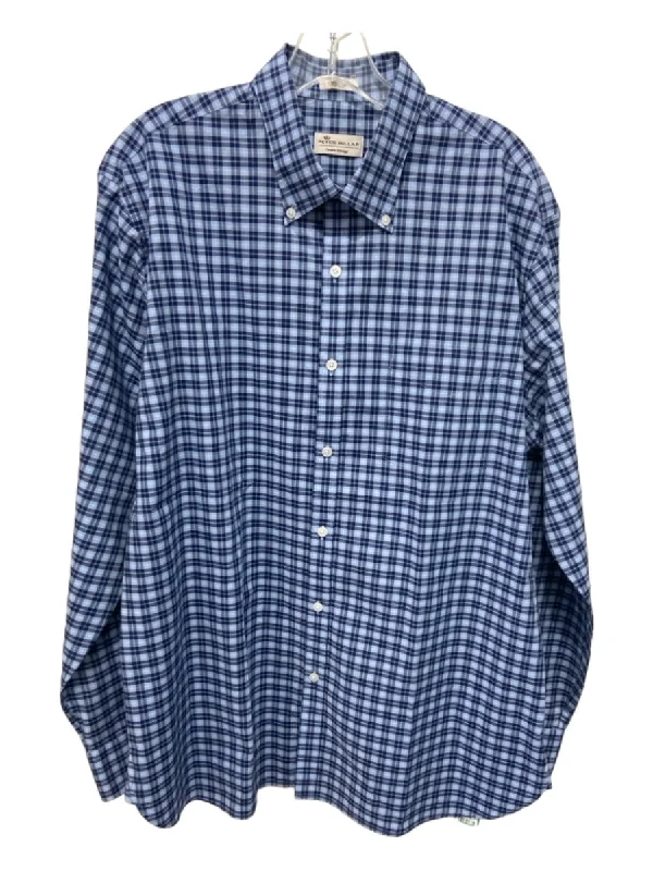 Peter Millar Size L Blue & Navy Cotton Blend Plaid Button Down Long Sleeve Shirt