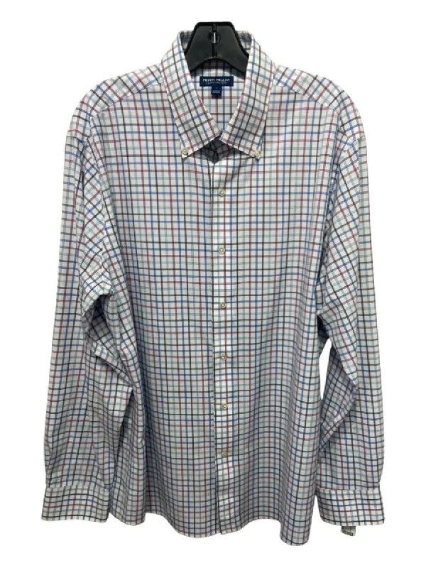 Peter Millar Size L White & Multi Synthetic Grid Front Pocket Long Sleeve Shirt