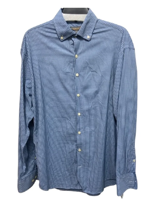 Peter Millar Size M Blue & White Synthetic Plaid Button Down Long Sleeve Shirt