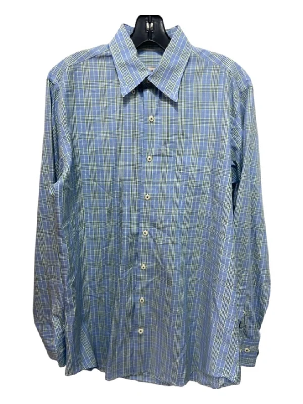 Peter Millar Size M Light Blue & Green Cotton Plaid Men's Long Sleeve Shirt