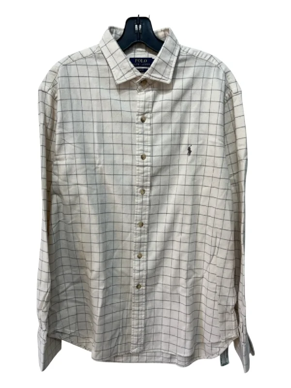 Polo Size XL Beige & Gray Cotton Blend Grid Button Down Men's Long Sleeve Shirt