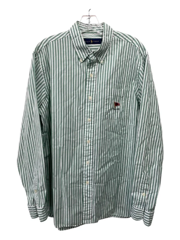 Ralph Lauren Size L Green & White Cotton Striped Button Collar Long Sleeve Shirt