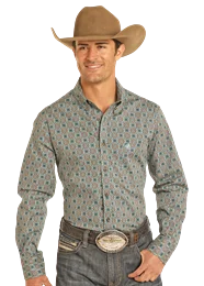 Bottom And Versatile ROCK & ROLL TURQUOISE GEOMETRIC PRINT LONG SLEEVE SHIRT