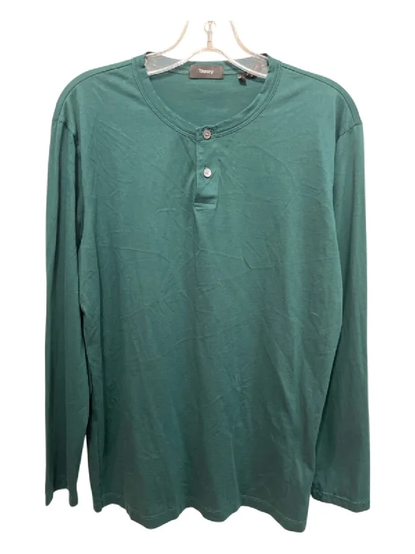 Theory Size L Green Cotton Solid Henley Men's Long Sleeve Shirt