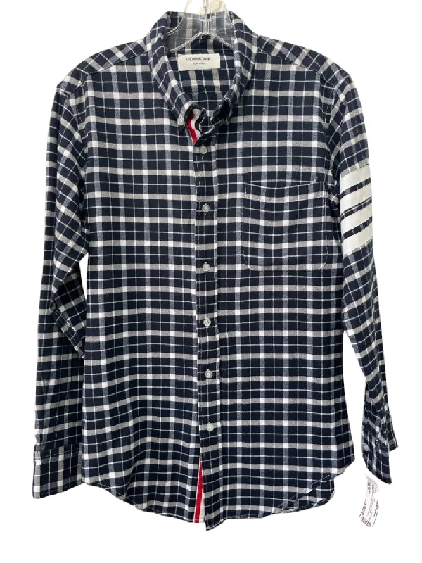 Thom Browne Size Est M Navy & White Cotton Blend Plaid Flannel Long Sleeve Shirt