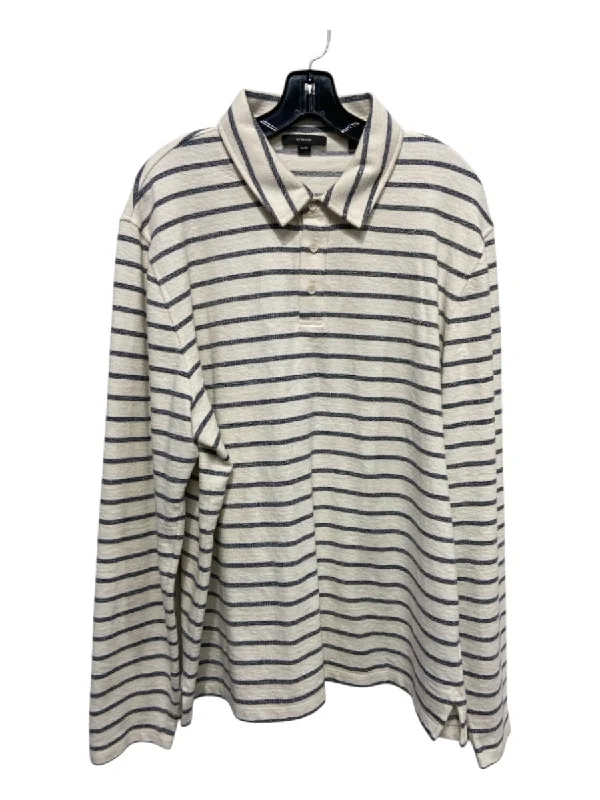 Vince Size XL White & Blue Cotton Blend Striped Polo Men's Long Sleeve Shirt