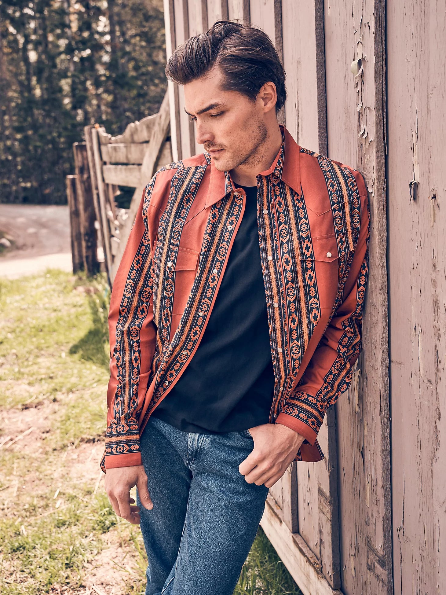Elegant And Noble Wrangler Checotah Rusty Orange Long Sleeve Western Snap Printed Shirt