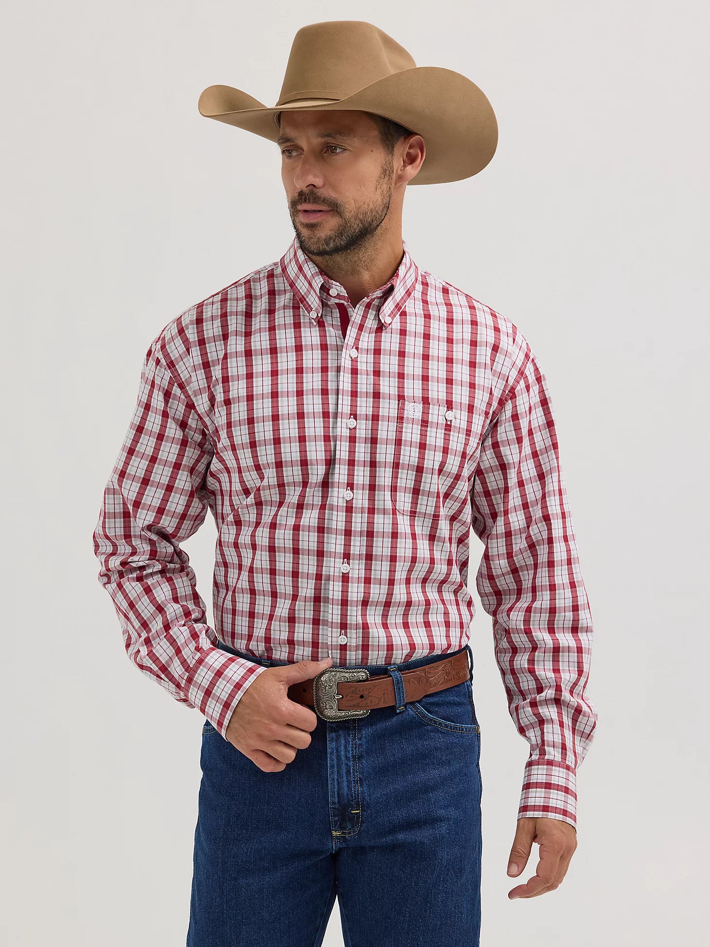 Leisure Sports Wrangler George Strait Cerise Plaid Long Sleeve One Pocket Shirt