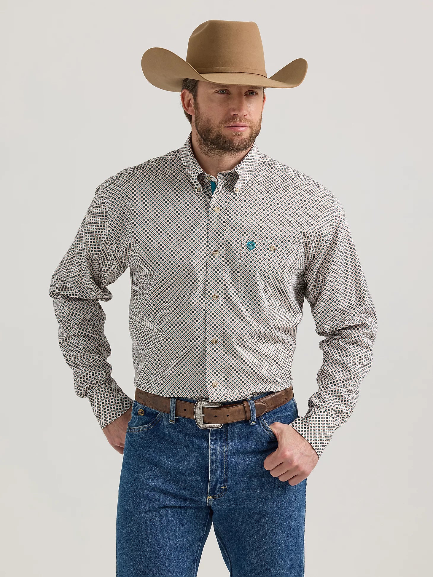 Denim Design Wrangler George Strait Tan Diamonds Long Sleeve Button Down One Pocket Shirt