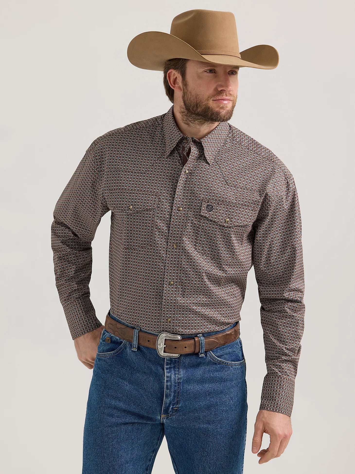 Classic Retro Wrangler George Strait Troubadour Geo Walnut Long Sleeve Western Snap Shirt