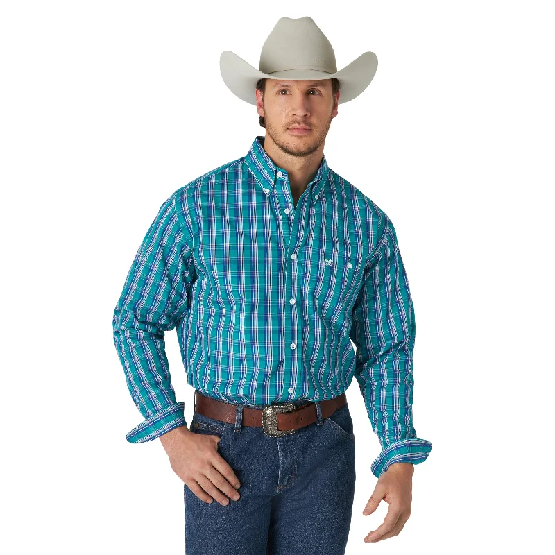 Fresh Wear Wrangler Men's Green/Blue Plaid Classics Long Sleeve Shirt