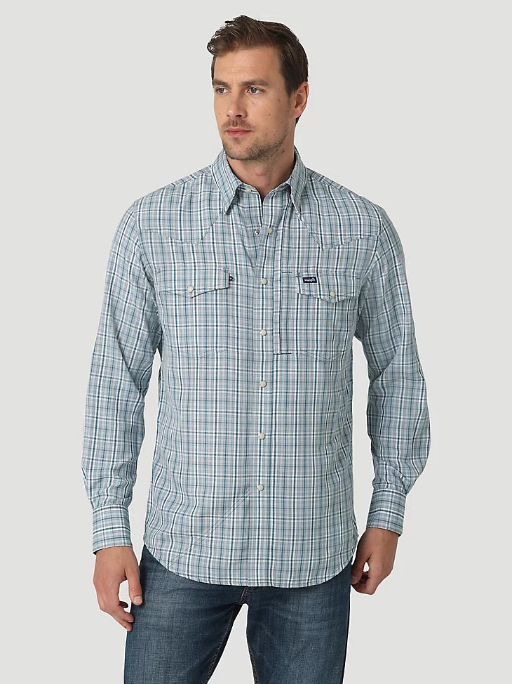 Bright Colors WRANGLER PERFORMANCE SNAP LONG SLEEVE PLAID SHIRT IN TEAL PLAID