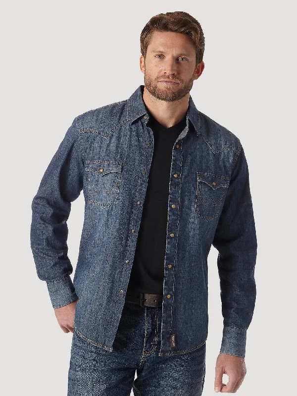 Simple Style WRANGLER RETRO LONG SLEEVE BLUE DENIM WESTERN SHIRT