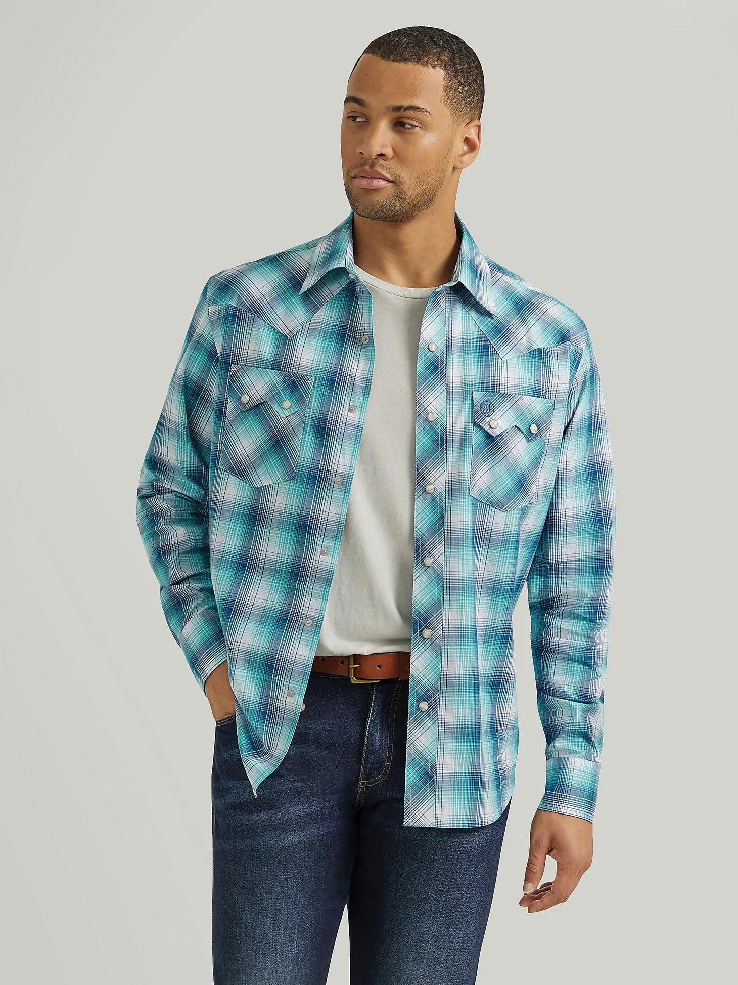 Exquisite Craftsmanship Wrangler Retro Turquoise Blue Long Sleeve Sawtooth Snap Pocket Western Shirt