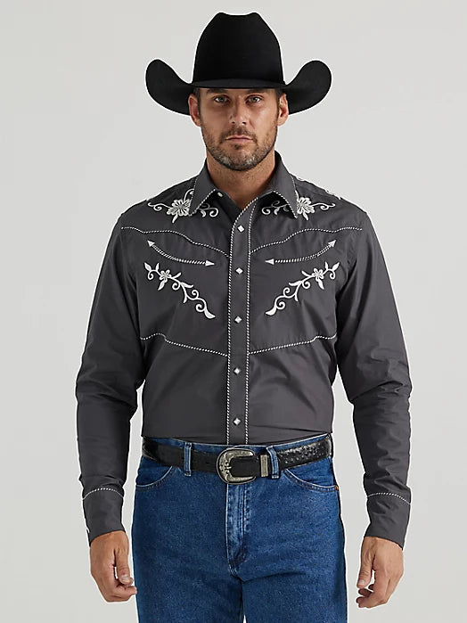 Youthful WRANGLER RODEO BEN GREY EMBROIDERED SNAP LONG SLEEVE SHIRT