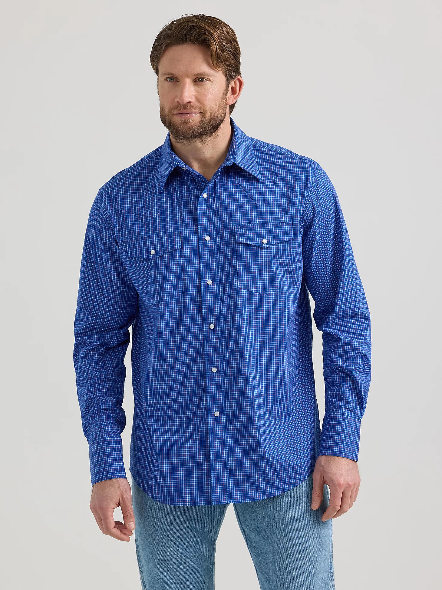 Design Must-have Wrangler Wrinkle Resist Lapis Long Sleeve Western Snap Plaid Shirt