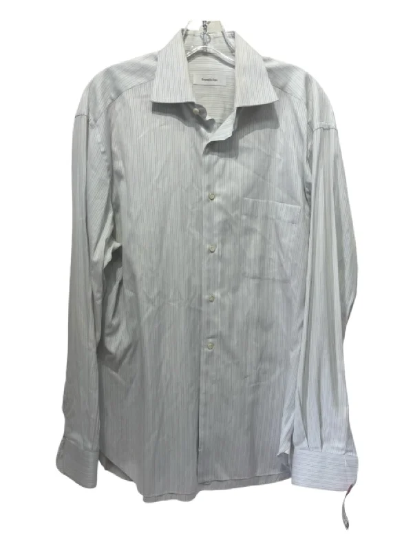 Zegna Size 15.5 White & Purple Cotton Striped Front Pocket Long Sleeve Shirt