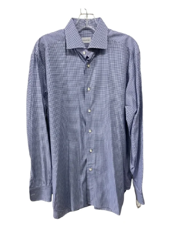 Zegna Size 16.5 Blue & White Cotton Blend Plaid Button Down Long Sleeve Shirt