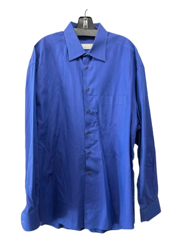 Zegna Size 17 Blue Cotton Solid Button Down Men's Long Sleeve Shirt