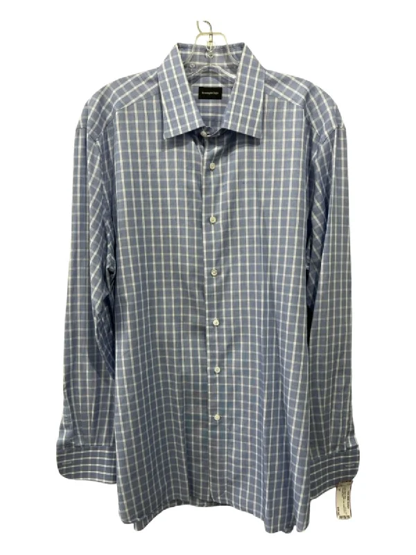 Zegna Size 17 Blue & White Cotton Grid Button Down Men's Long Sleeve Shirt