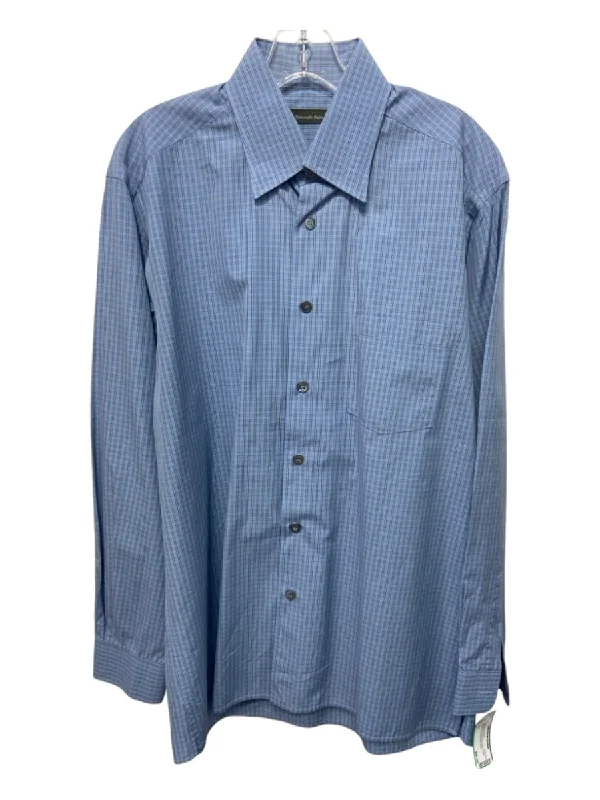 Zegna Size L Light Blue & Brown Print Cotton Plaid Button Down Long Sleeve Shirt