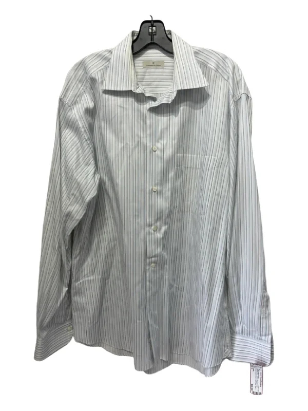 Zegna Size L White & Blue Cotton Striped Front Pocket Men's Long Sleeve Shirt