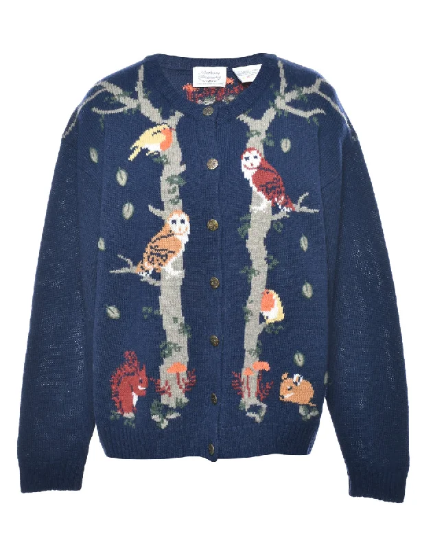 100% Wool Bird Design Cardigan - M