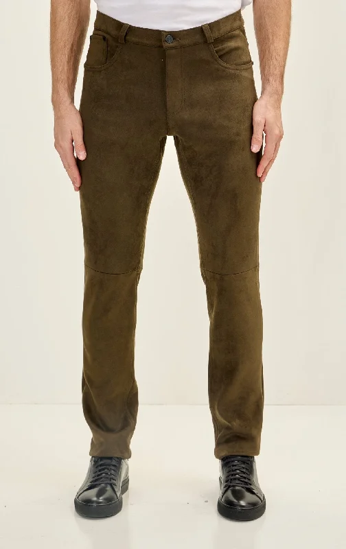 Elegant Design Men's Slim Tapered Microsuede Pants - Khaki
