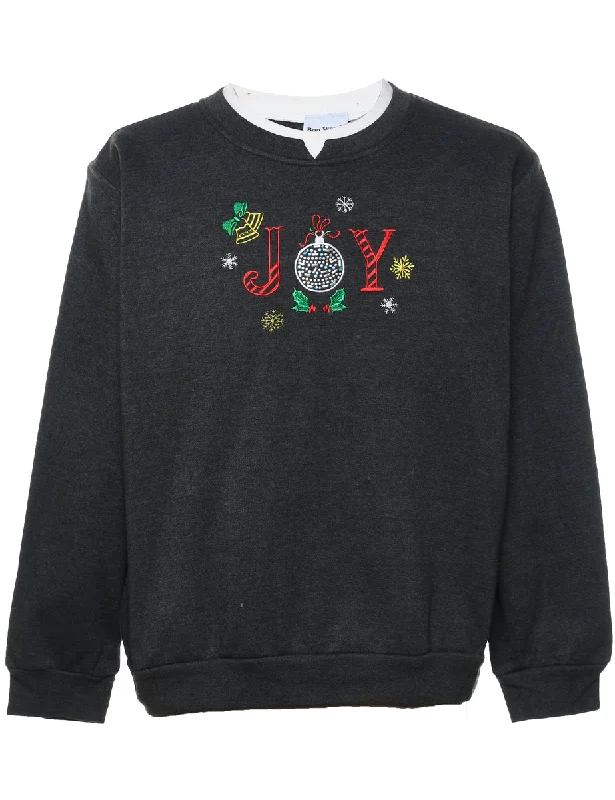 Versatile Style Dark Grey Embroidered Christmas Sweatshirt - L