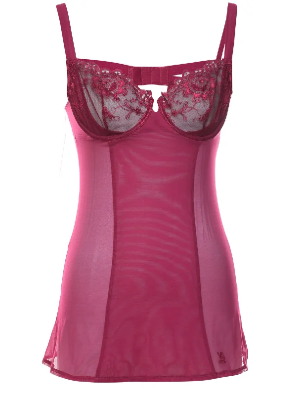 Stylish Fit Dark Pink Sheer & Lace Fitted Babydoll - M