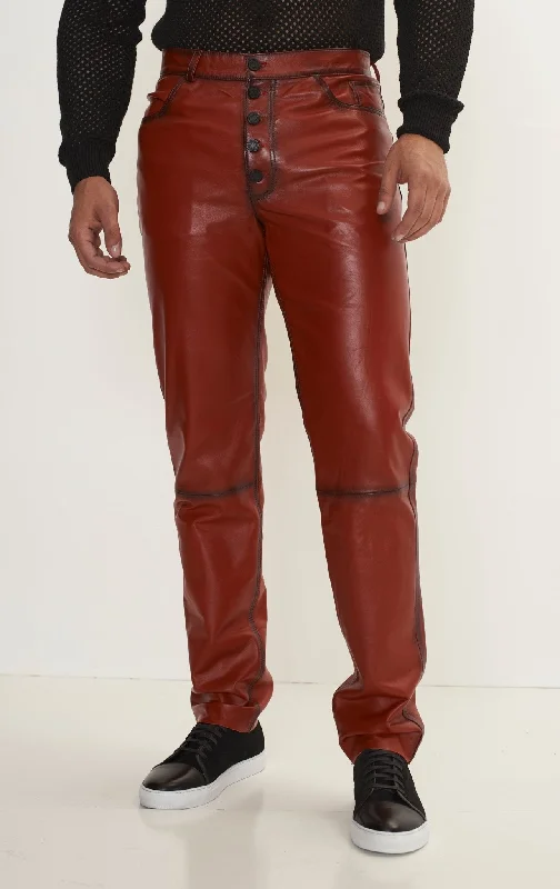 Cozy Street Style Men's Genuine Lambskin Button Detail Leather Pants - Red tint