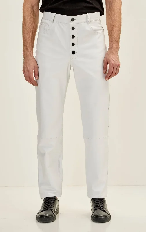 Windbreaker fashion Men's Genuine Lambskin Exposed Buttons Leather Pants - White