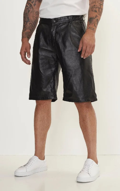 Slim Fit Genuine Lambskin Leather Shorts - Black