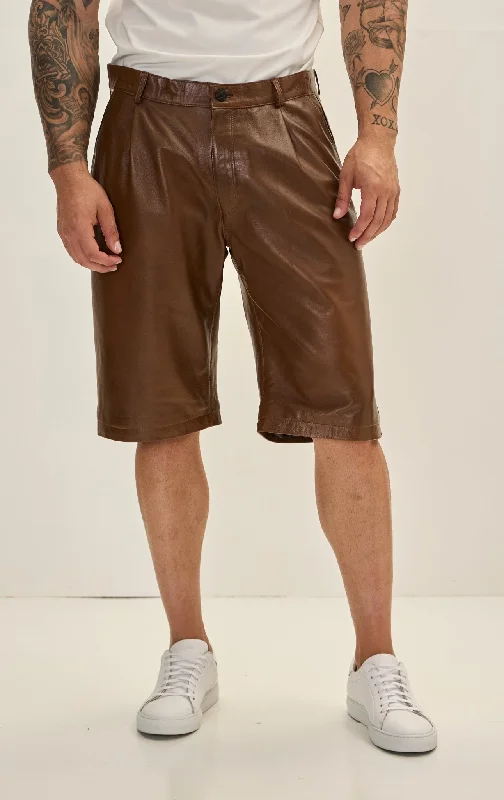 Simple Style Genuine Lambskin Leather Shorts - Brown