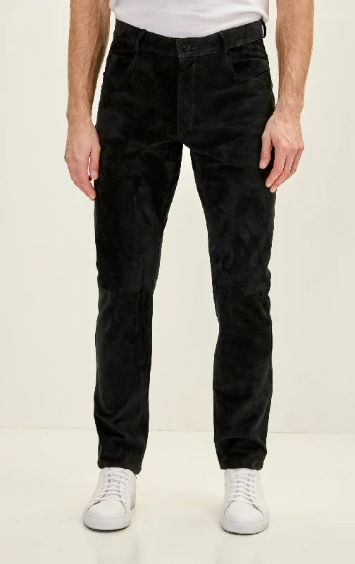 Relaxed Looks Men's Genuine Lambskin Fitted Suede Pants - Black