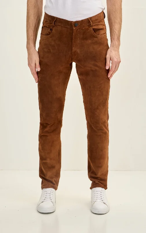 Breezy Comfort Men's Genuine Lambskin Fitted Suede Pants - Brown
