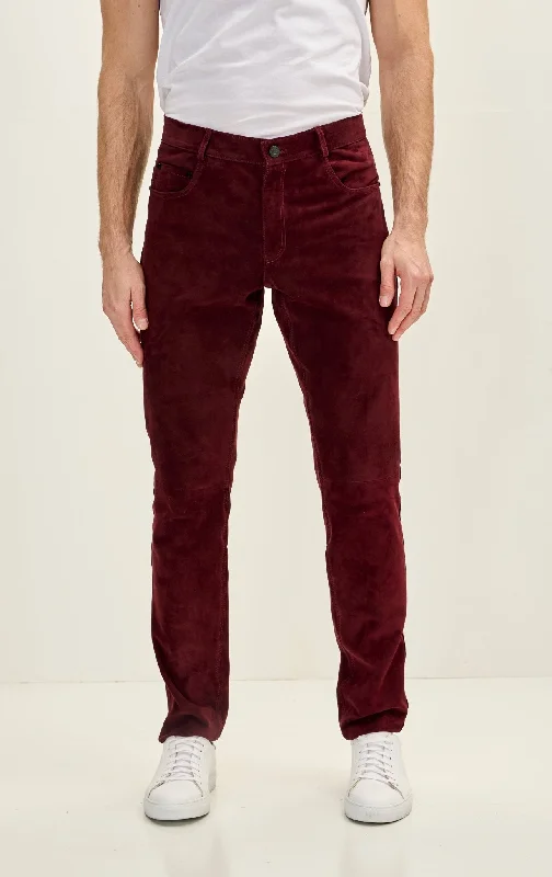 Stylish Casuals Men's Genuine Lambskin Fitted Suede Pants - Wine