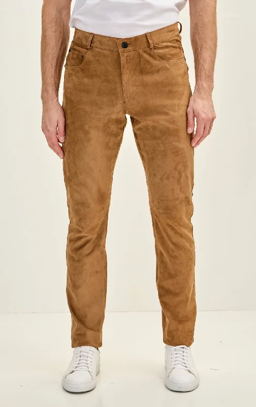Simple Comfort Men's Genuine Lambskin Fitted Suede Pants - Camel